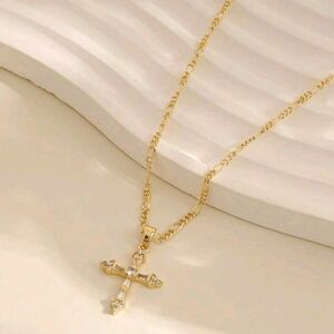 Delicate Gold Cross Pendant Necklace with Clear Stones - Women Jewelry